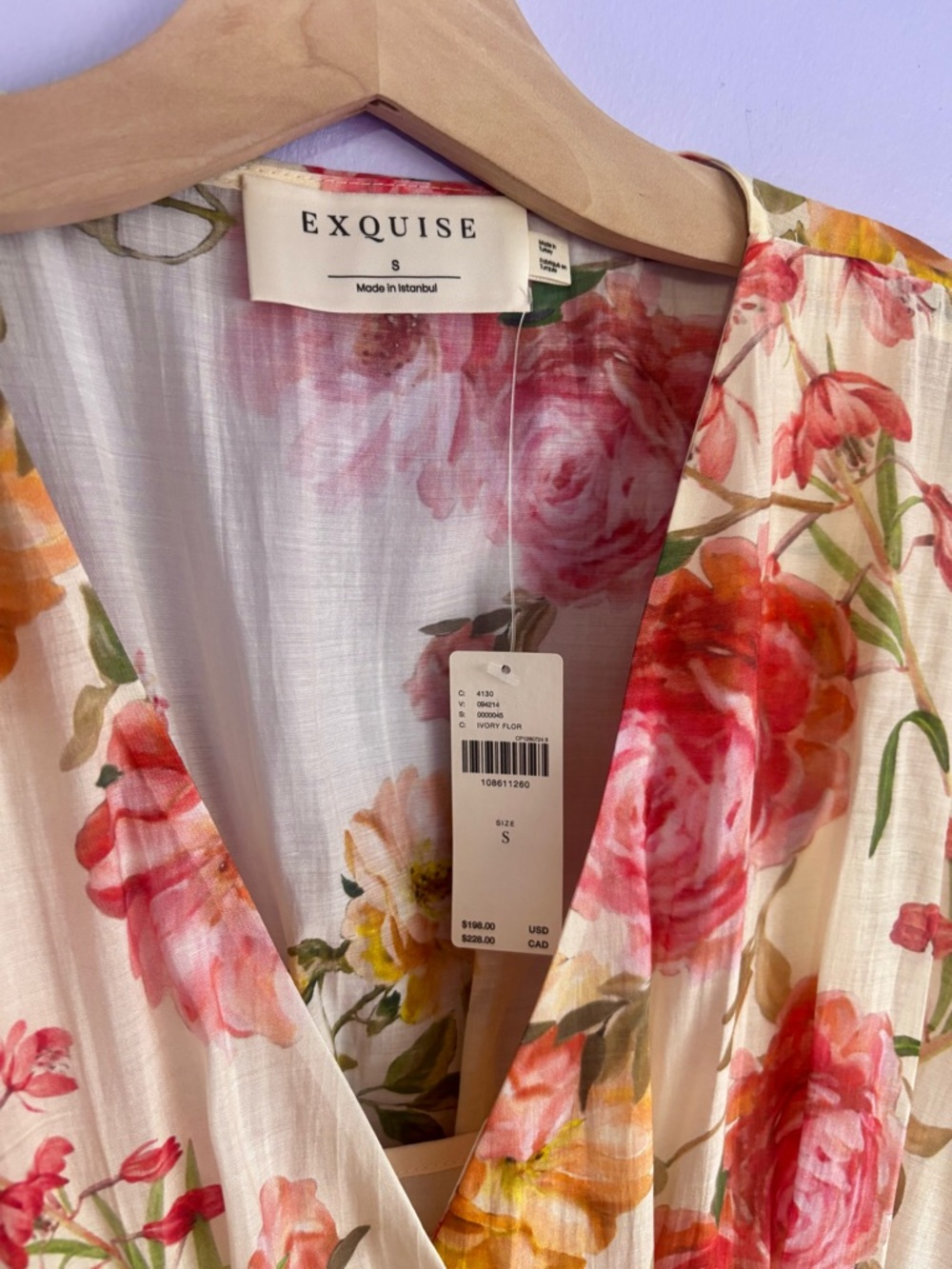 Floral V-Neck Button Front Midi Dress - Cream with Pink Roses - Picture 7 of 10